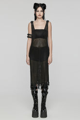 Black V Collar Sleeveless Plunging Mesh Women's Gothic Dress